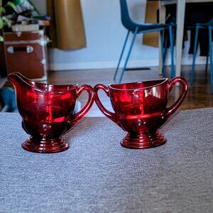 VINTAGE RUBY RED  Glass Creamer and Sugar Bowl, New Martinsville Red Depression